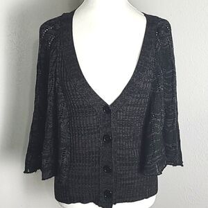 Cardigan Sweater Cape with Batwing Sleeves, Black & Gray Loose Knit, Size Medium